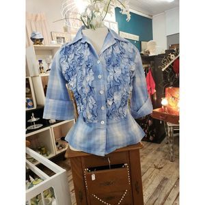 Vintage 1960s Ruffled Blouse Blue/ White. Plaid